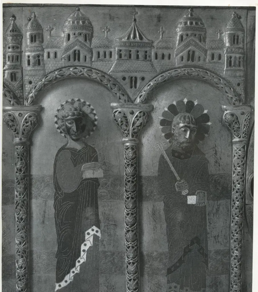 Anonimo , 6 Spain, 12th century: Altar frontal [detail], copper-gilt and champlev&eacute; enamel, 27 inches high. Episcopal Museum, Burgos