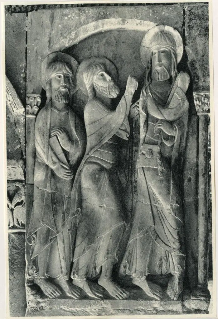 Dieuzaide, Jean , Abteikirche von Silos (Provinz Burgos): Jesus erscheint den J&uuml;ngern in Emmaus. Relief von einem Eckpfeiler des Kreuzganges