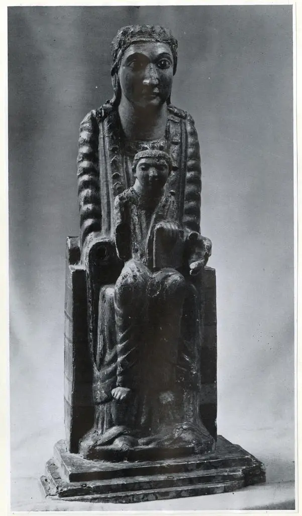 Anonimo , Madonna col bambino, arte spagnola c. 1150, in legno dipinto, presso A. Kauffmann di Londra