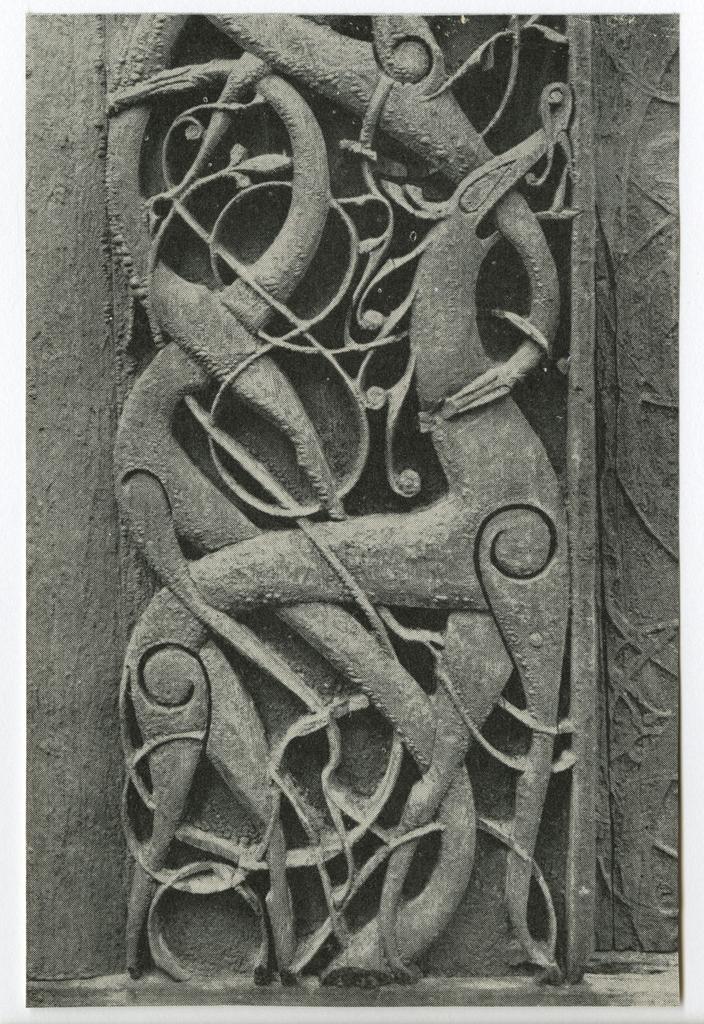 Anonimo , The fantastic zoomorphic interlacing on the carved wood portal of the Urnes church [detail, left], 1050, follows a deeply rooted tradition in Scandinavia. Historical Museum, Bergen University