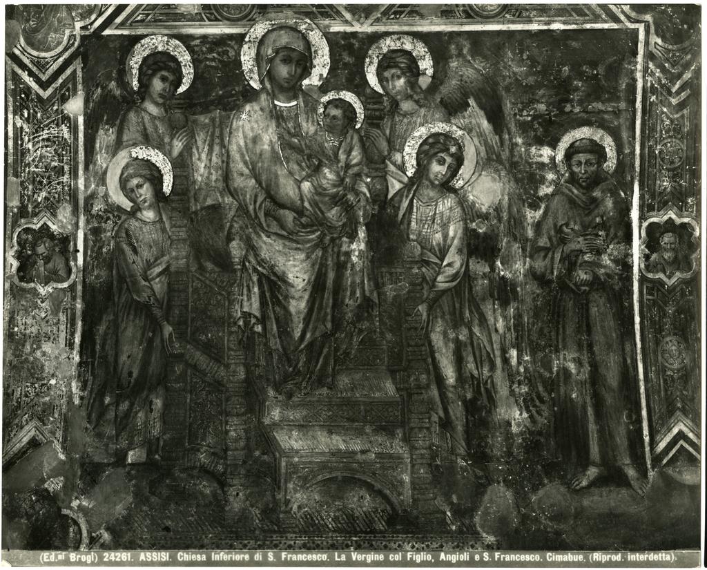 Brogi , Assisi. Chiesa Inferiore di S. Francesco. La Vergine col Figlio, Angioli e S. Francesco. Cimabue.