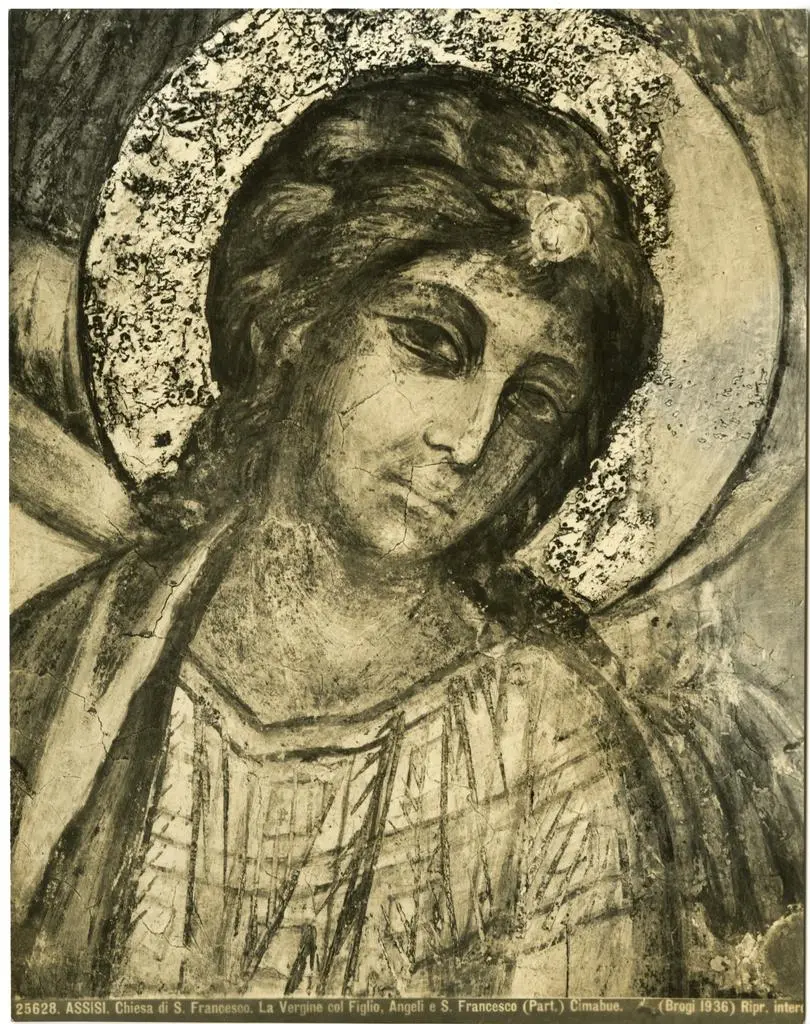 Brogi , Assisi. Chiesa di S. Francesco. La Vergine col Figlio, Angeli e S. Francesco (Part.) Cimabue.