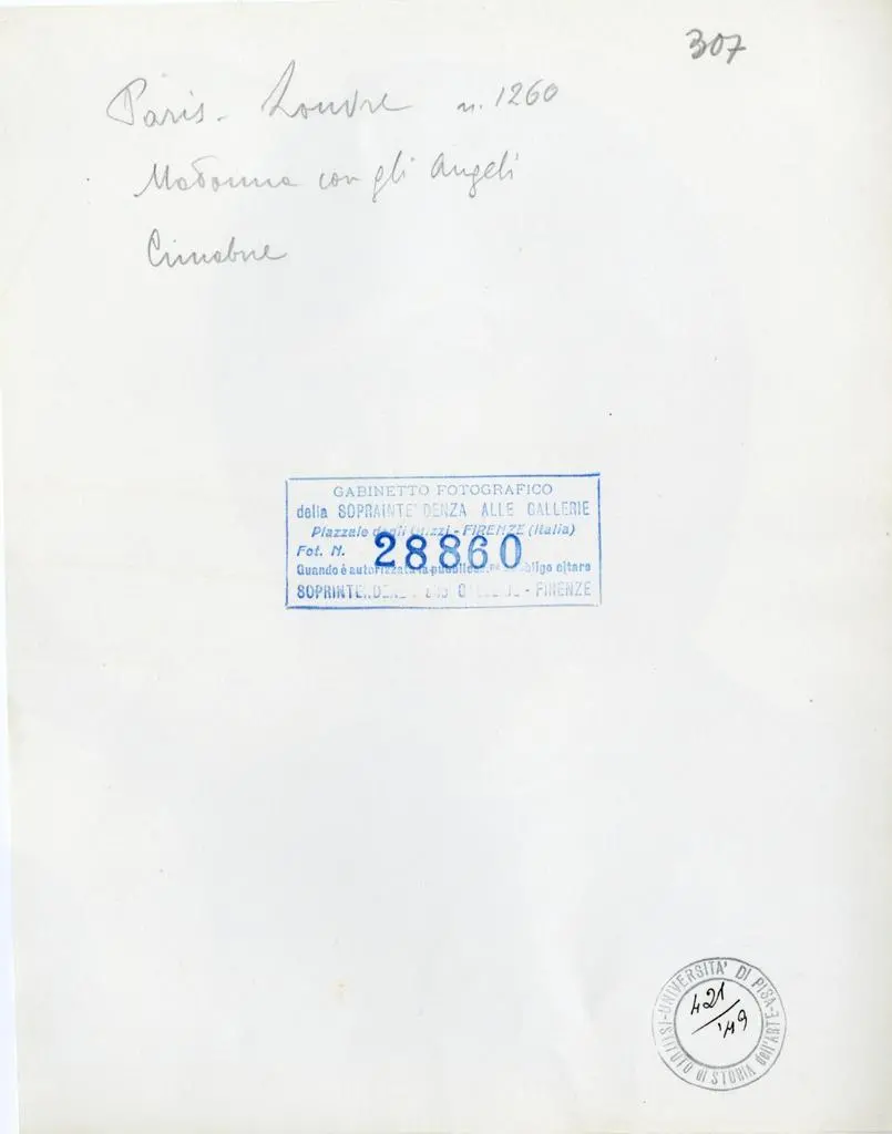 Gabinetto Fotografico della Soprintendenza Speciale per il Patrimonio Storico, Artistico ed Etnoantropologico e per il Polo Museale della citt&agrave; di Firenze , Paris - Louvre n. 1260 - Madonna con gli Angeli - Cimabue , retro