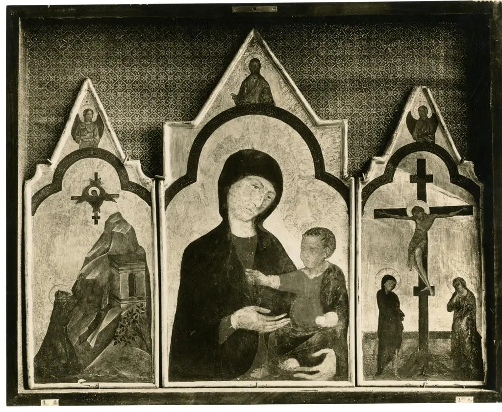 Anonimo senese sec. XIV , Madonna con Bambino, Cristo crocifisso con la Madonna addolorata, san Giovanni Evangelista, San Francesco d'Assisi riceve le stimmate