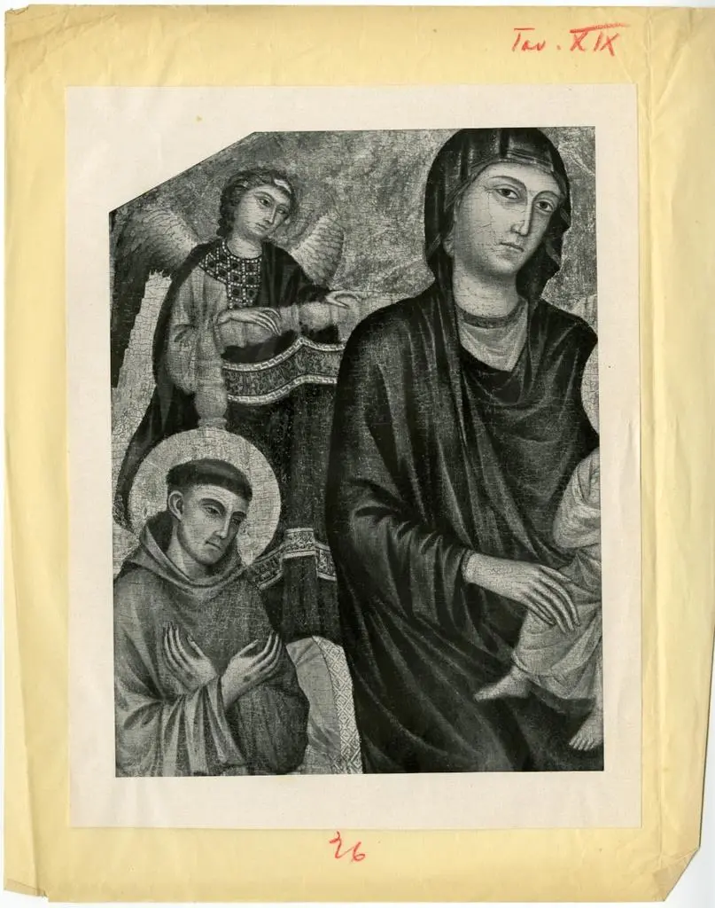 Anonimo , Maestro di San Martino - sec. XIV - Madonna con Bambino in trono tra san Domenico e san Francesco d'Assisi