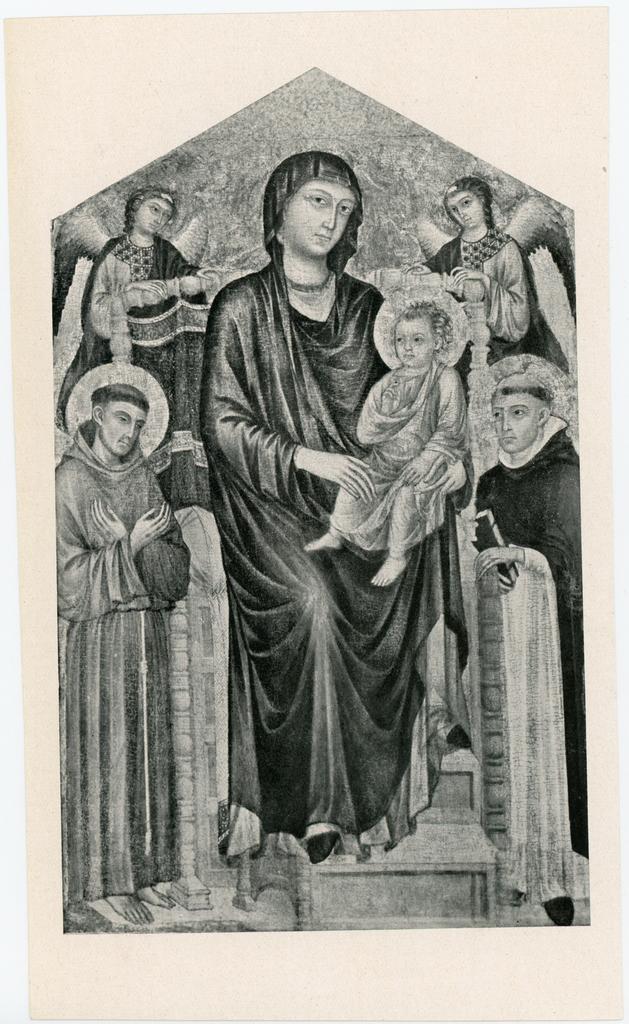 Anonimo , Maestro di San Martino - sec. XIV - Madonna con Bambino in trono tra san Domenico e san Francesco d'Assisi