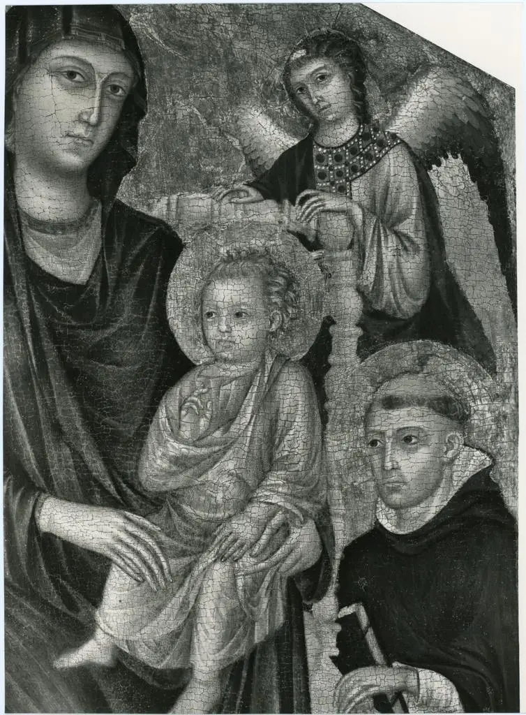 Anonimo , Maestro di San Martino - sec. XIV - Madonna con Bambino in trono tra san Domenico e san Francesco d'Assisi