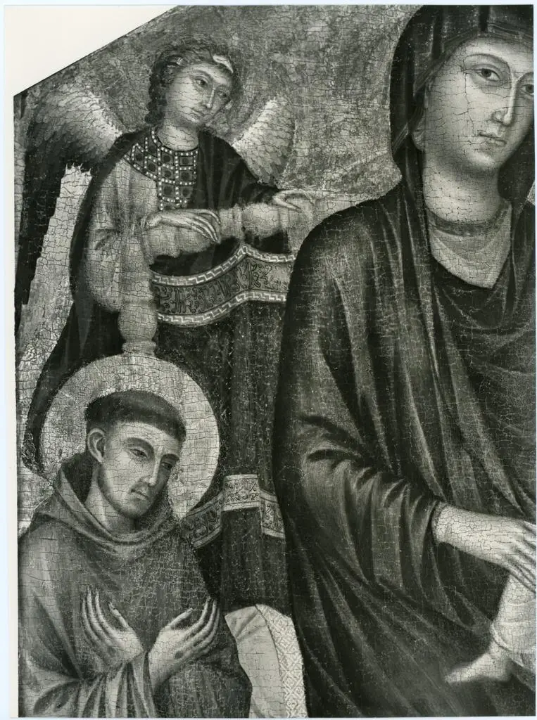 Anonimo , Maestro di San Martino - sec. XIV - Madonna con Bambino in trono tra san Domenico e san Francesco d'Assisi
