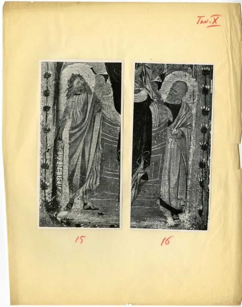 Anonimo , Maestro di San Martino - sec. XIII - Madonna con Bambino in trono tra san Giovanni Battista, san Pietro e angeli (particolare)