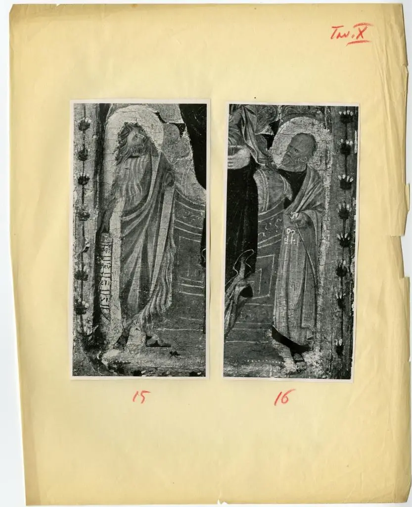 Anonimo , Maestro di San Martino - sec. XIII - Madonna con Bambino in trono tra san Giovanni Battista, san Pietro e angeli (particolare)