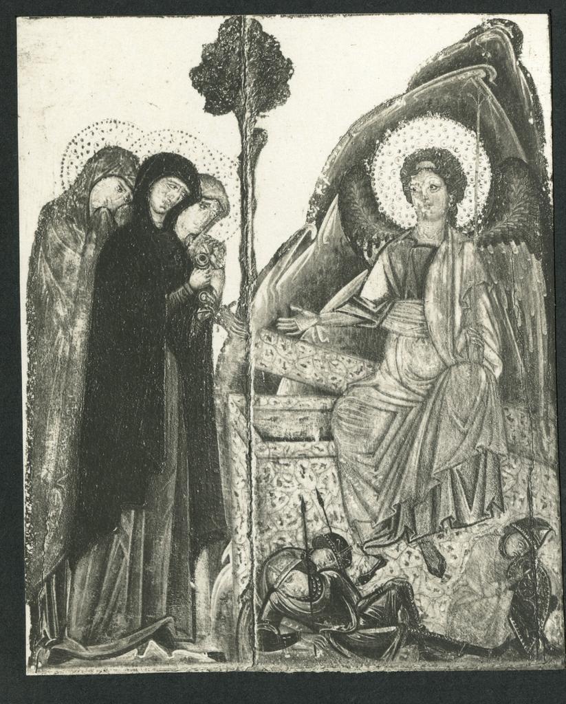 Anonimo , Meliore di Jacopo/ Coppo di Marcovaldo - sec. XIII - Madonna con Bambino, angeli e santi; Storie della vita di Maria Vergine (particolare delle Marie al sepolcro)