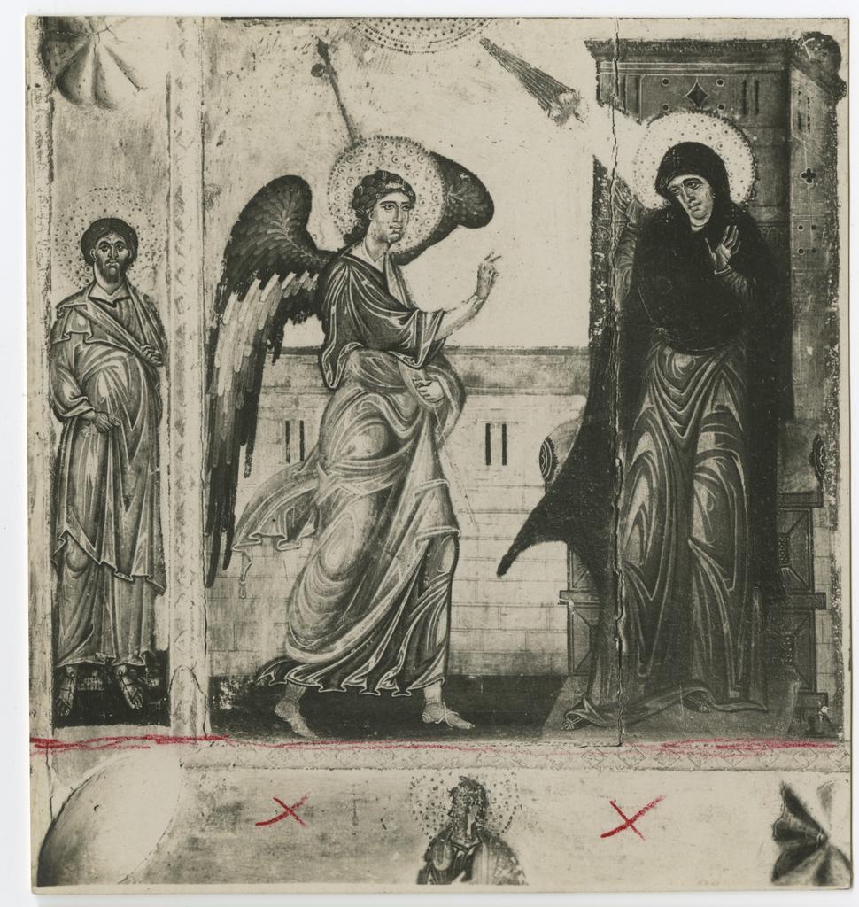 Anonimo , Meliore di Jacopo/ Coppo di Marcovaldo - sec. XIII - Madonna con Bambino, angeli e santi; Storie della vita di Maria Vergine (particolare dell'Annunciazione)