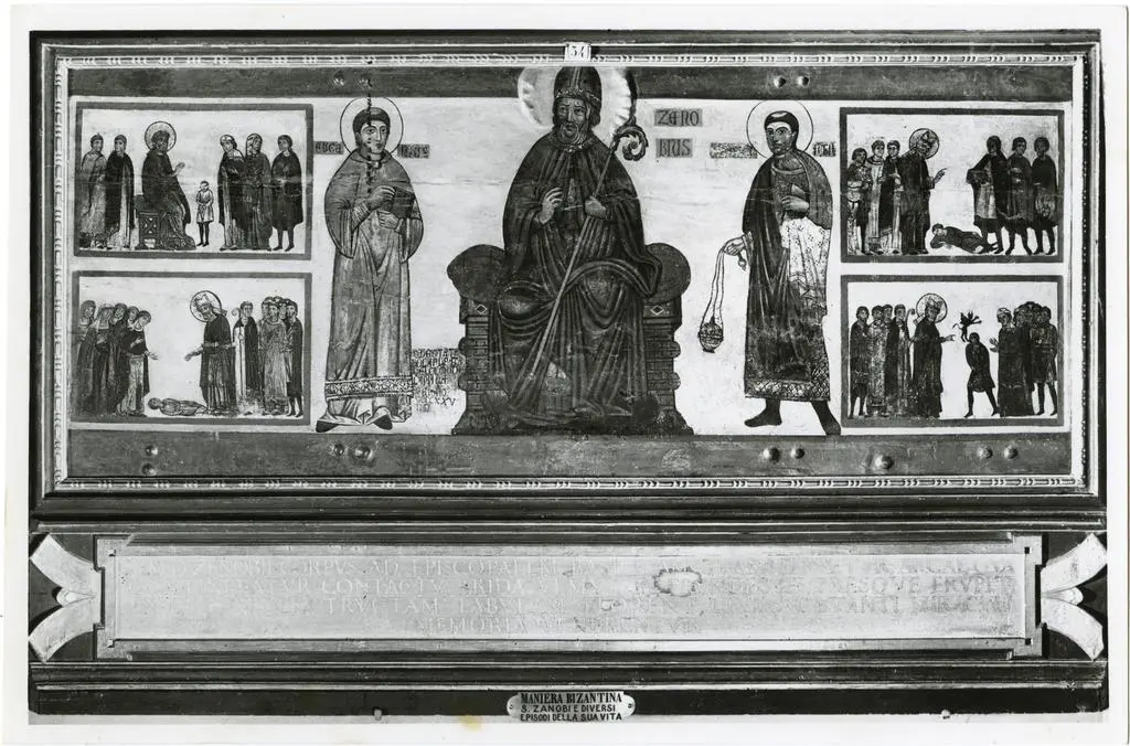 Gabinetto Fotografico della Soprintendenza Speciale per il Patrimonio Storico, Artistico ed Etnoantropologico e per il Polo Museale della citt&agrave; di Firenze , Maestro del Bigallo - sec. XIII - San Zanobi in trono con san Eugenio, san Crescenzio e scene di miracoli