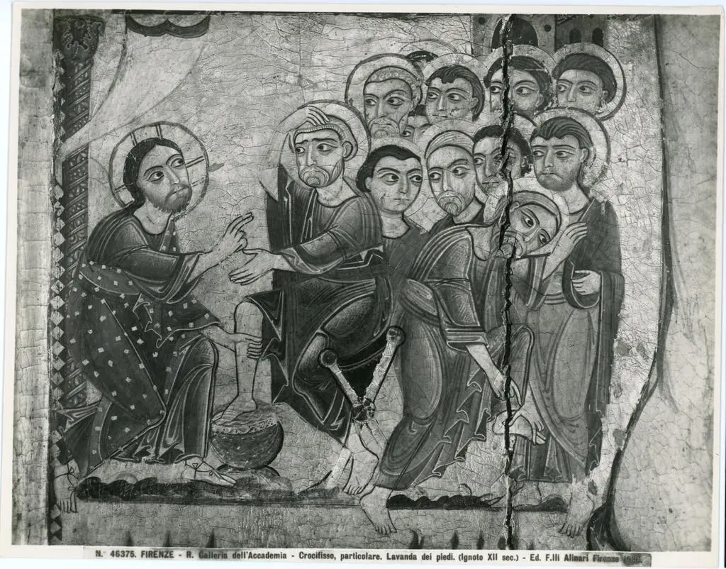 Alinari, Fratelli , Firenze - R. Galleria dell'Accademia - Crocifisso, particolare. Lavanda dei piedi. (Ignoto XII sec.)