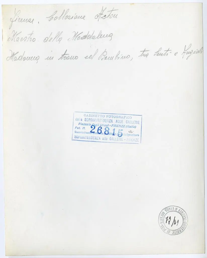 Gabinetto Fotografico della Soprintendenza Speciale per il Patrimonio Storico, Artistico ed Etnoantropologico e per il Polo Museale della citt&agrave; di Firenze , Firenze. Collezione Acton. Maestro della Maddalena. Madonna in trono col Bambino, tra Santi e Angioli