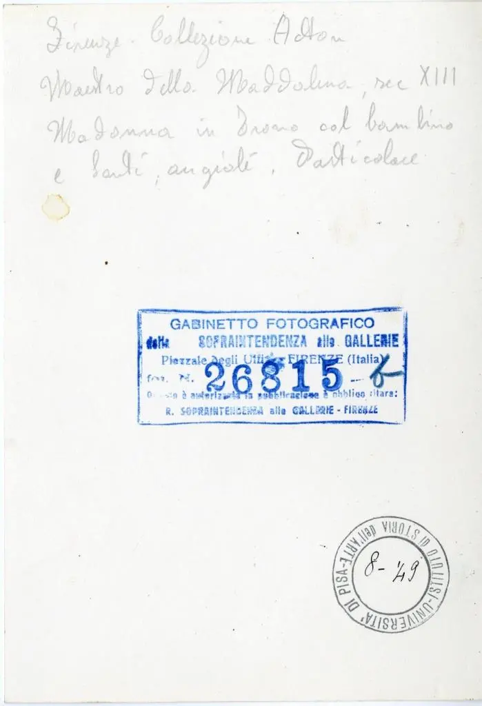 Gabinetto Fotografico della Soprintendenza Speciale per il Patrimonio Storico, Artistico ed Etnoantropologico e per il Polo Museale della citt&agrave; di Firenze , Firenze. Collezione Acton. Maestro della Maddalena, sec. XIII. Madonna in Trono col bambino e Santi, angioli. Particolare