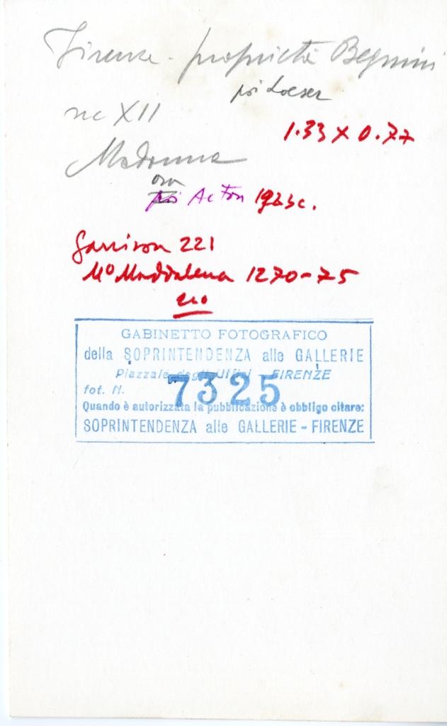Gabinetto Fotografico della Soprintendenza Speciale per il Patrimonio Storico, Artistico ed Etnoantropologico e per il Polo Museale della città di Firenze , Firenze - proprietà Benigni poi Loeser, sec. XII Madonna