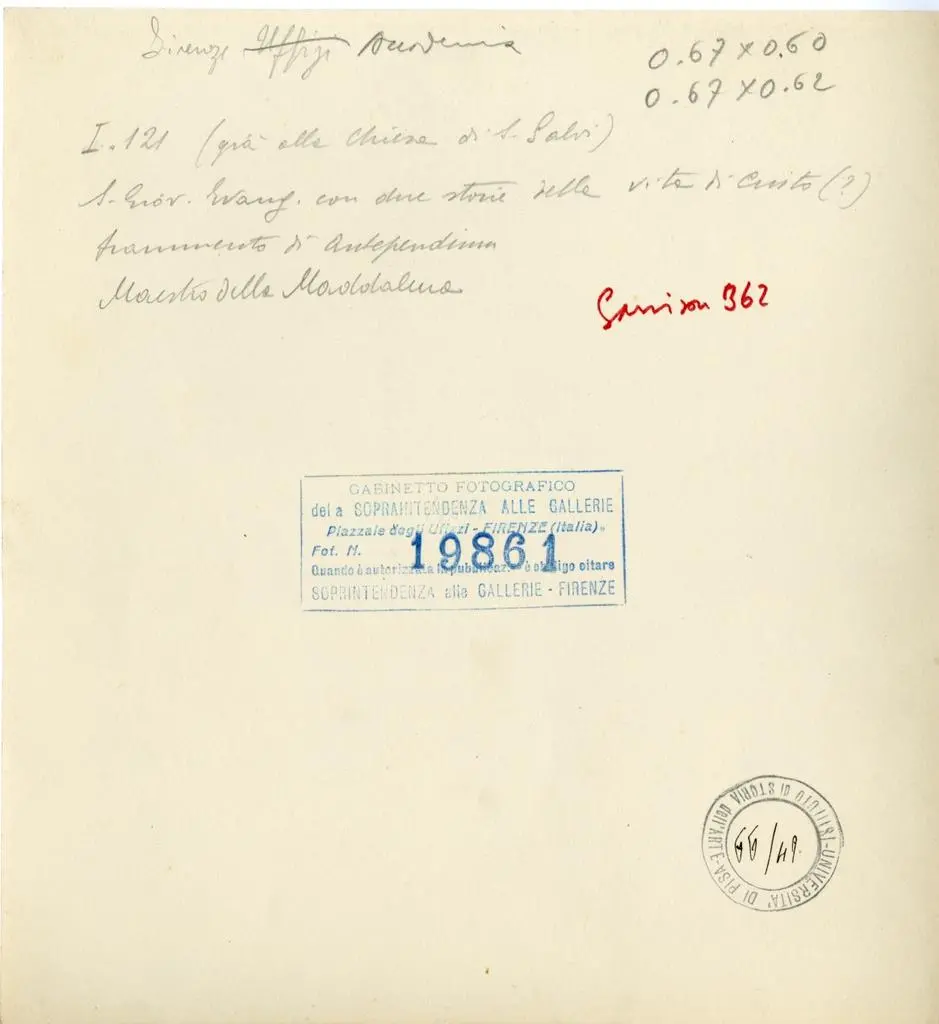Gabinetto Fotografico della Soprintendenza Speciale per il Patrimonio Storico, Artistico ed Etnoantropologico e per il Polo Museale della citt&agrave; di Firenze , Firenze Accademia I. 121 (gi&agrave; alla Chiesa di S. Salvi). S. Giov. Evang. con due storie della vita di Cristo (?), frammento di antepedium. Maestro della Maddalena