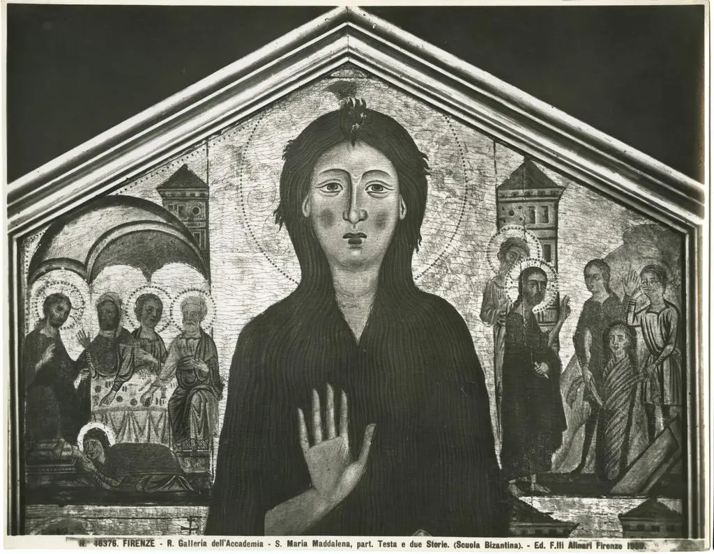 Alinari, Fratelli , Firenze - R. Galleria dell'Accademia - S. Maria Maddalena, part. Testa e due Storie. (Scuola Bizantina)