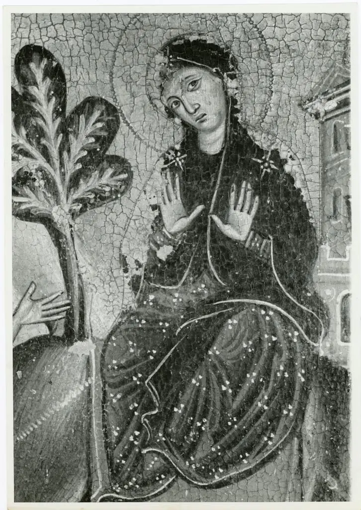 Gabinetto Fotografico della Soprintendenza Speciale per il Patrimonio Storico, Artistico ed Etnoantropologico e per il Polo Museale della citt&agrave; di Firenze , Maestro della Maddalena - sec. XIII - Fuga in Egitto, particolare della Vergine