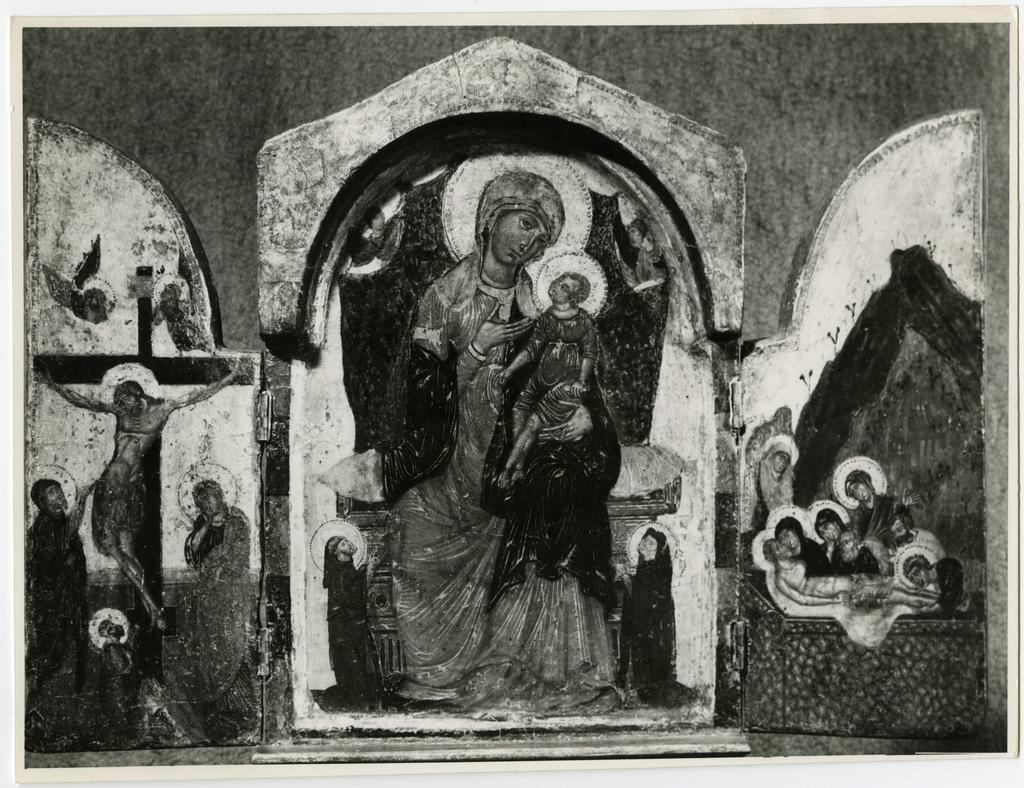 Salerno di Coppo di Marcovaldo , Madonna con Bambino in trono tra san Francesco d'Assisi, santa Chiara e angeli, Compianto sul Cristo morto, Crocifissione di Cristo