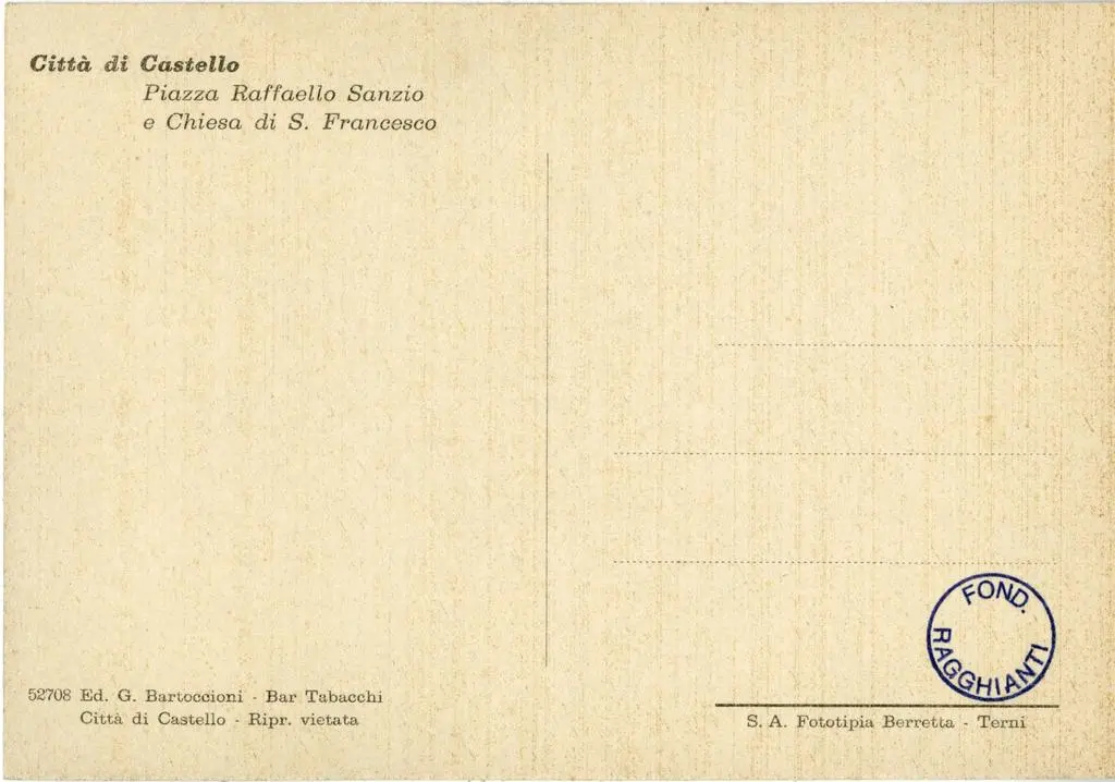 Bartoccioni G. , Citt&agrave; di Castello - Piazza Raffaello Sanzio e Chiesa di S. Francesco - sec. XIII