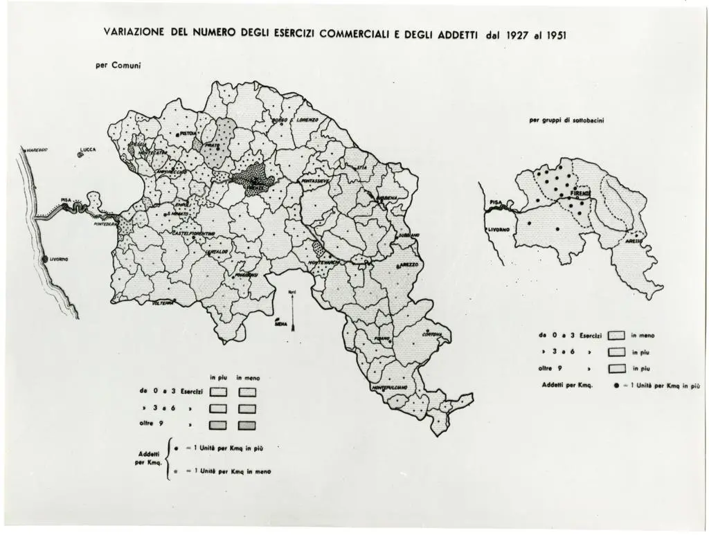 Universit&agrave; di Pisa. Dipartimento di Storia delle Arti , Variazione del numero degli esercizi commerciali e degli addetti dal 1927 al 1951 (da Il Bacino dell'Arno)