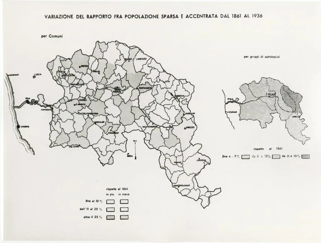 Universit&agrave; di Pisa. Dipartimento di Storia delle Arti , Variazione del rapporto fra popolazione sparsa e accentrata dal 1861 al 1936 (da Il Bacino dell'Arno)