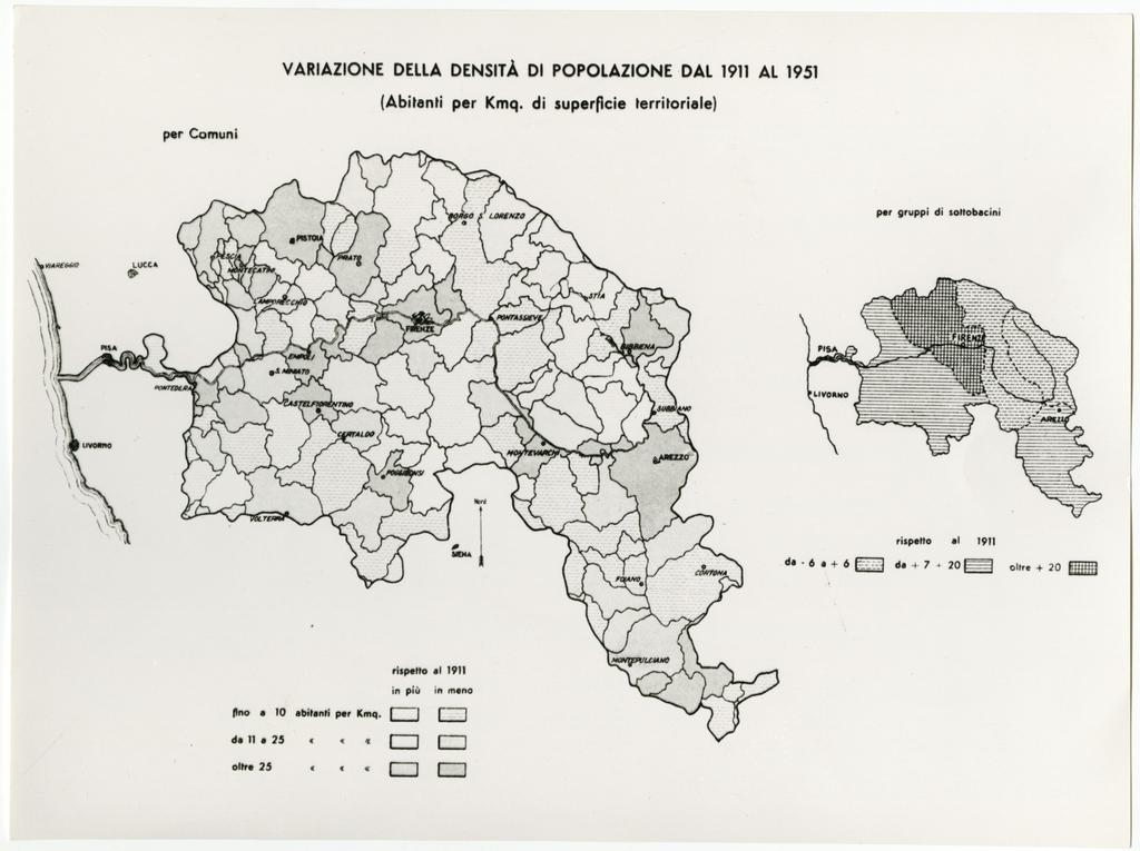 Università di Pisa. Dipartimento di Storia delle Arti , Variazione della densità di popolazione dal 1911 al 1951 (da Il Bacino dell'Arno)