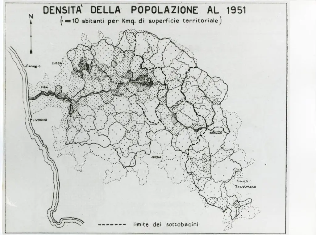 Universit&agrave; di Pisa. Dipartimento di Storia delle Arti , Densit&agrave; della popolazione al 1951 (da Il Bacino dell'Arno)