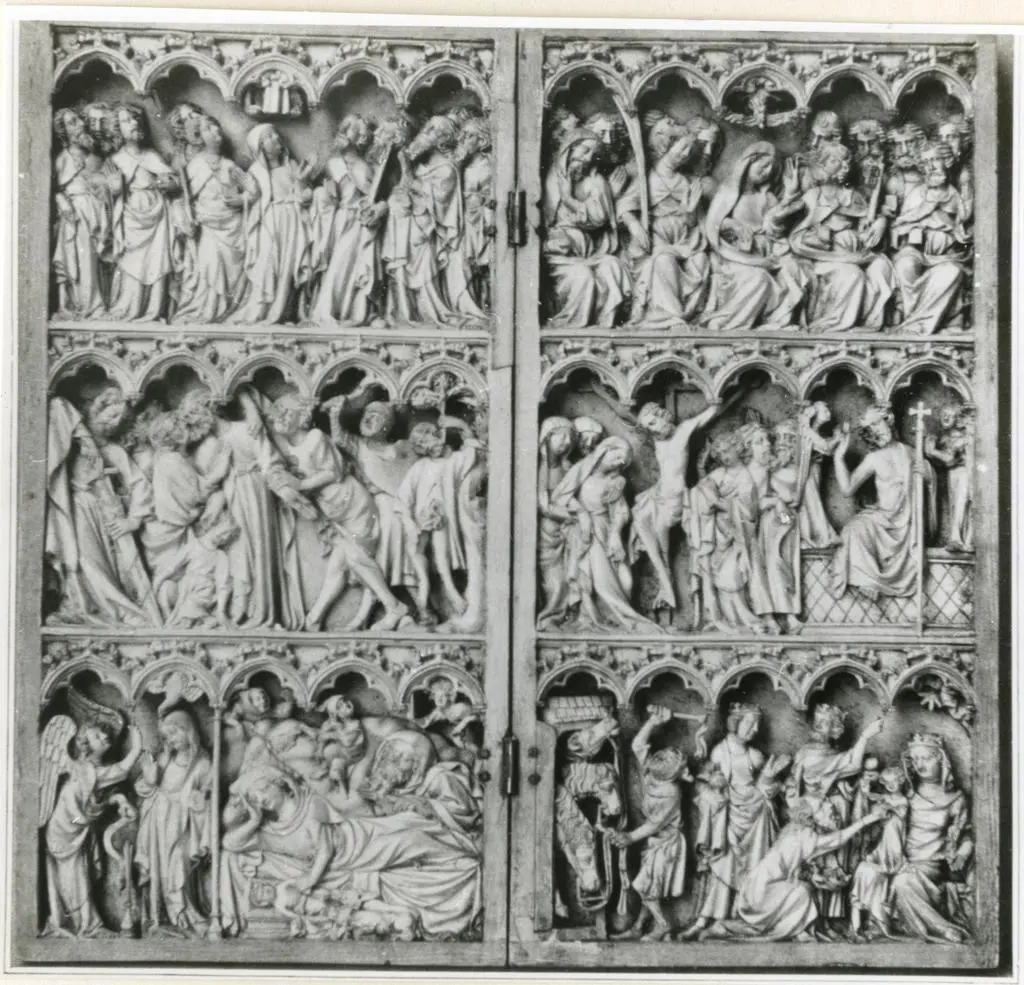 Anonimo francese sec. XIV , Storie della vita di Cristo, Annunciazione, Orazione di Cristo nell'orto di Gethsemani e bacio di Giuda, Ascensione di Cristo, Adorazione dei Re Magi, Cristo crocifisso tra i dolenti, Resurrezione di Cristo, Pentecoste, Nativit&agrave; di Ges&ugrave;