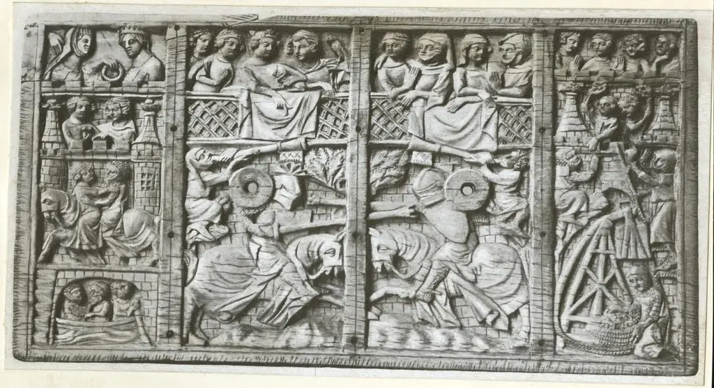 Anonimo francese sec. XIV , Assalto alla fortezza di Castle of Love, Torneo, Tristano e Isotta