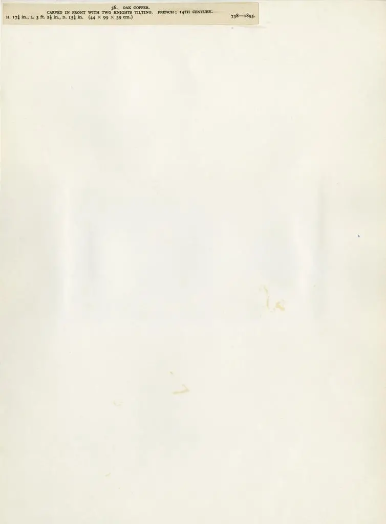 Anonimo , Oak Coffer. Carved in front with two knights tilting. French; 14th century. H. 17 1/4in., L. 3ft. 2 1/2in., D. 15 1/4in. (44x99x39 cm.)