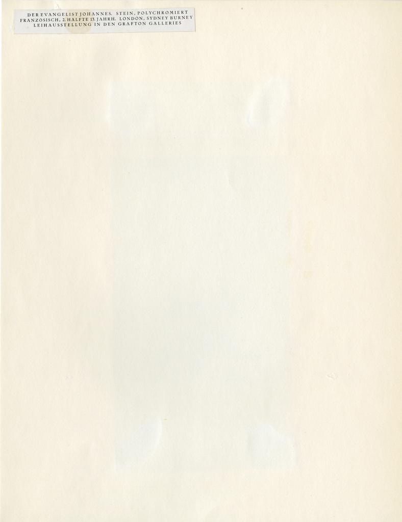 Anonimo , Der Evangelist Johannes. Stein, polychromiert Französisch, 2. Hälfete 13. Jahrh. London, Sydney Burney Leihausstellung in den Grafton Galleries
