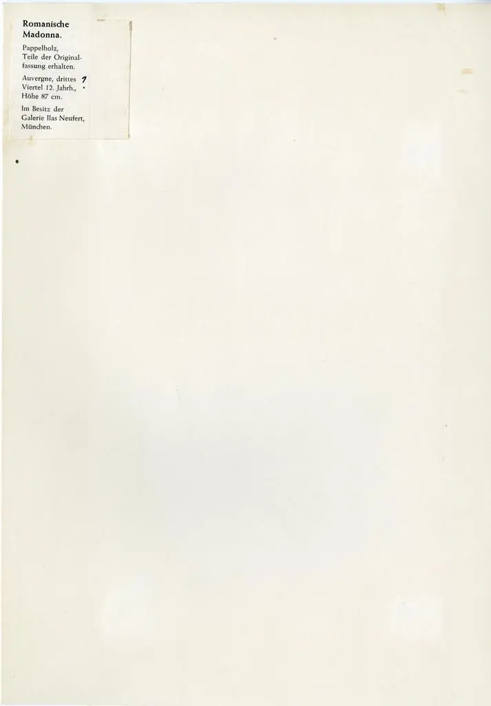 Anonimo , Romanische Madonna. Pappelholz, Teile der Original-fassung erhalten. Auvergne, drittes Viertel 12. Jahrh., Hohe 87 cm. Im Besitz der Galerie Ilas Neufert, Munchen
