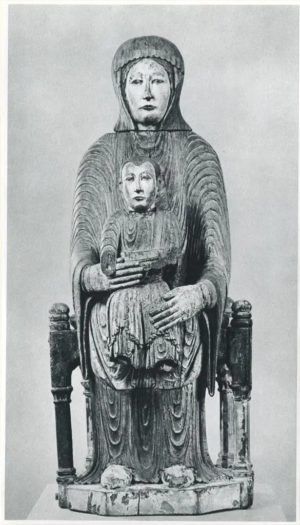 Anonimo , 173. Virgin and Child. French (School of Auvergne), 1150-1200. Oak, painted in colors. H. 31 in.