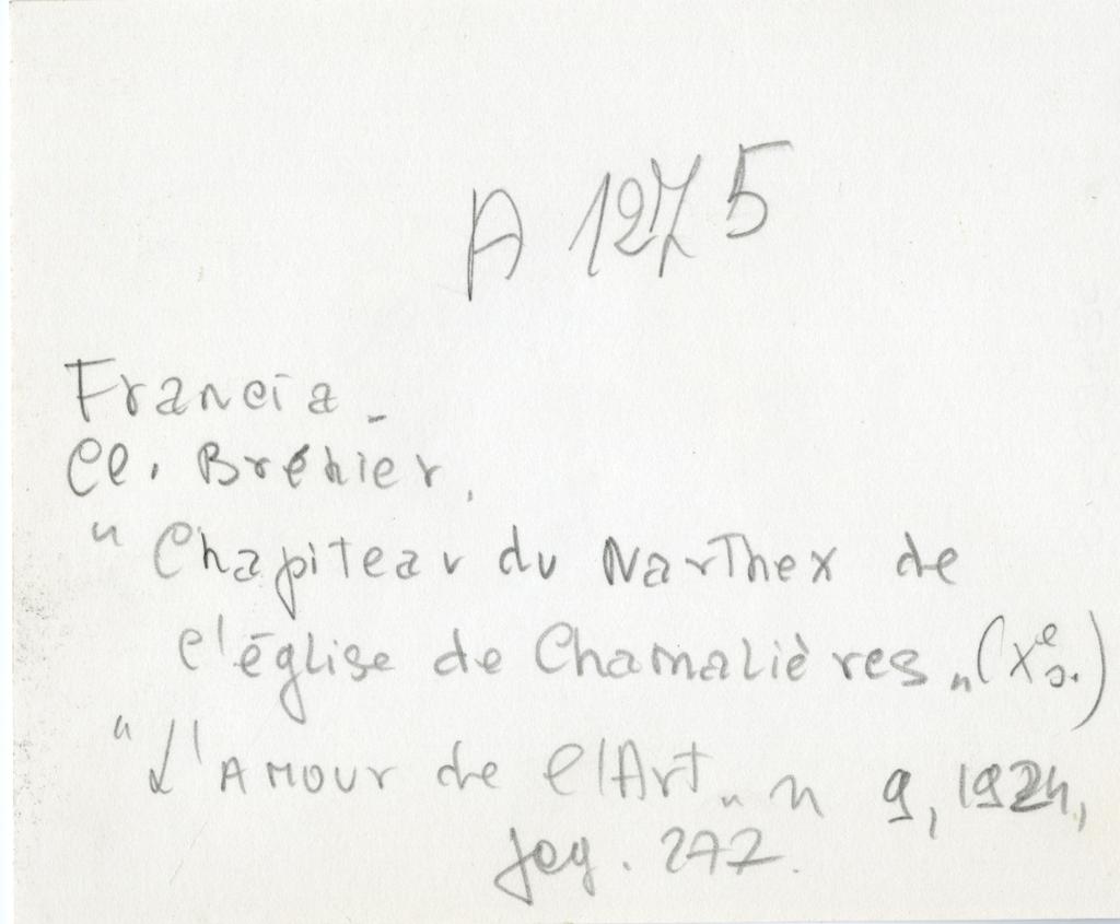 Anonimo , Francia - CL. Bréhier, Chapiteau du Narthex de l'église de Chamalières (Xe s.) - L'Amour de l'Art n 9, 1924, pag. 277