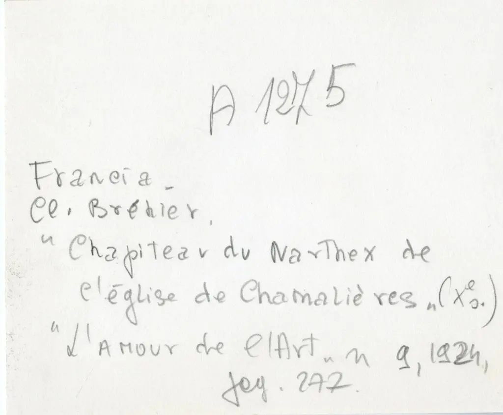 Anonimo , Francia - CL. Br&eacute;hier, Chapiteau du Narthex de l'&eacute;glise de Chamali&egrave;res (Xe s.) - L'Amour de l'Art n 9, 1924, pag. 277