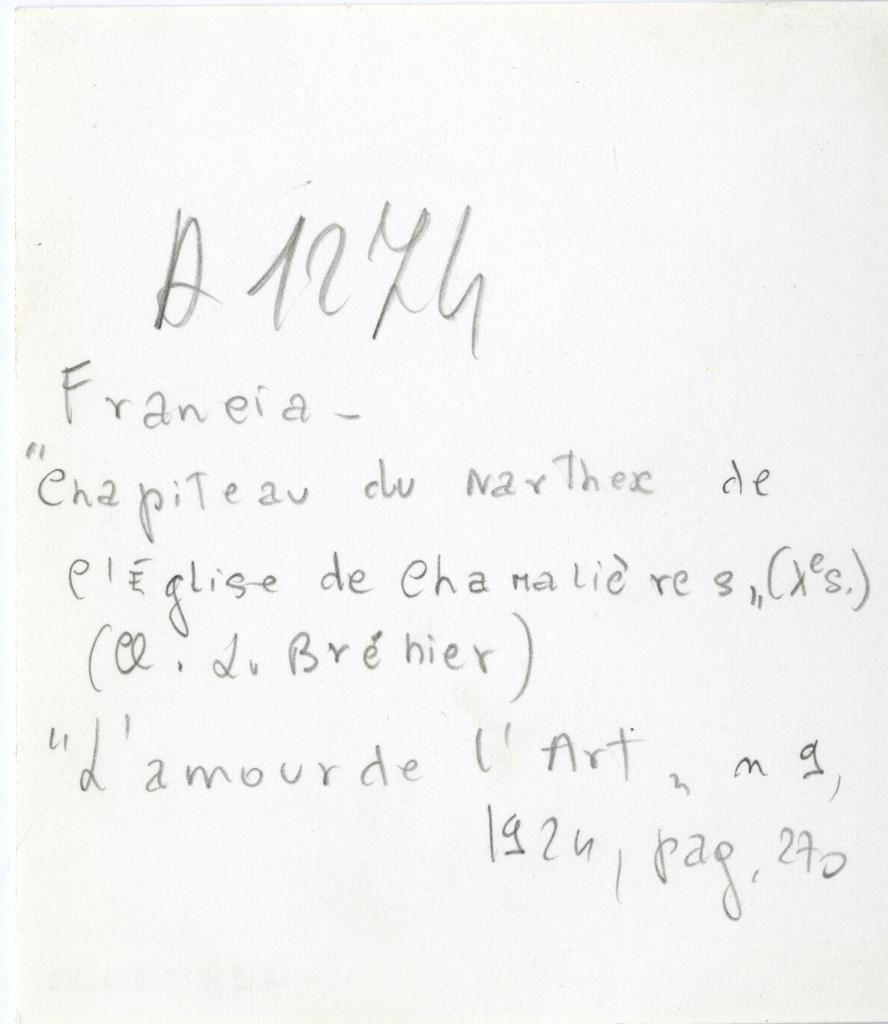 Anonimo , Francia - Chapiteau du Narthex de l'Eglise de Chamalières (Xe s.) (Cl. L. Bréhier) - L'Amour de l'Art n 9, 1924, pag. 270