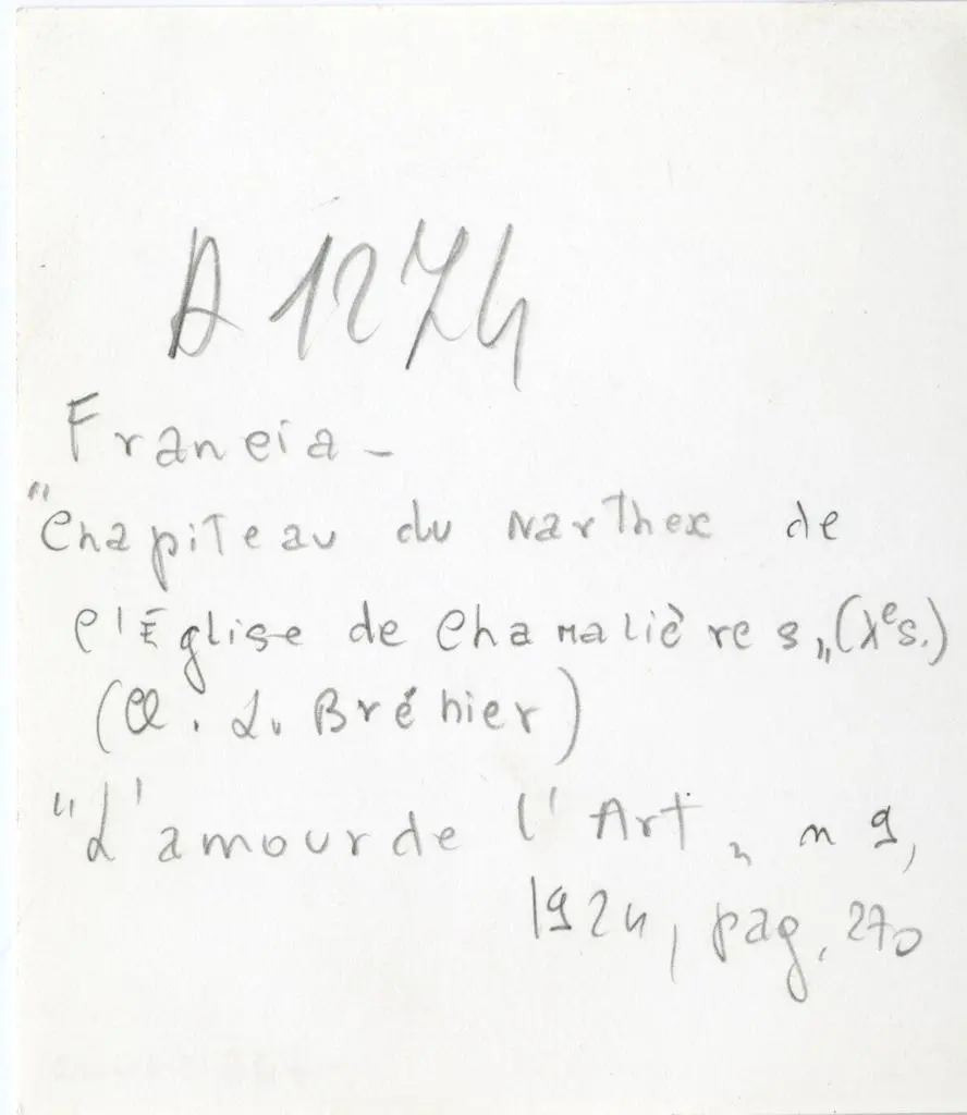 Anonimo , Francia - Chapiteau du Narthex de l'Eglise de Chamalières (Xe s.) (Cl. L. Bréhier) - L'Amour de l'Art n 9, 1924, pag. 270