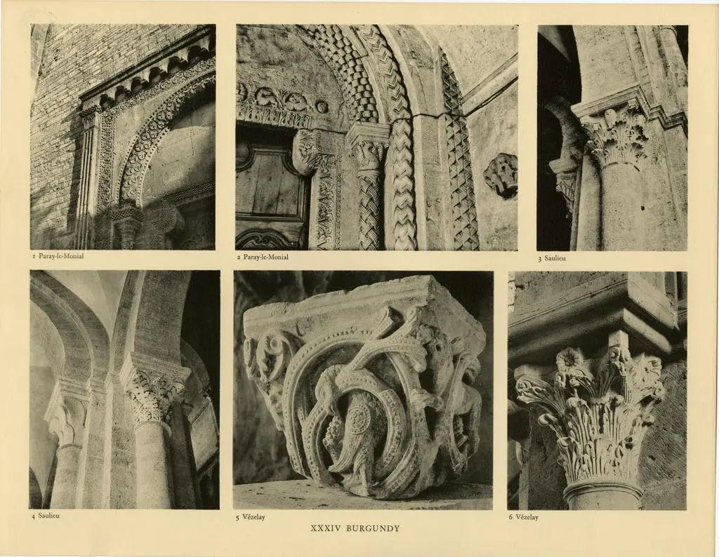 Anonimo , Burgundy: Paray-le-Monial north transept detail; Paray-le-Monial south transept detail; two Saulieu capitals; V&eacute;zelay capital at Princeton (Marburg); V&eacute;zelay capital (Marburg)