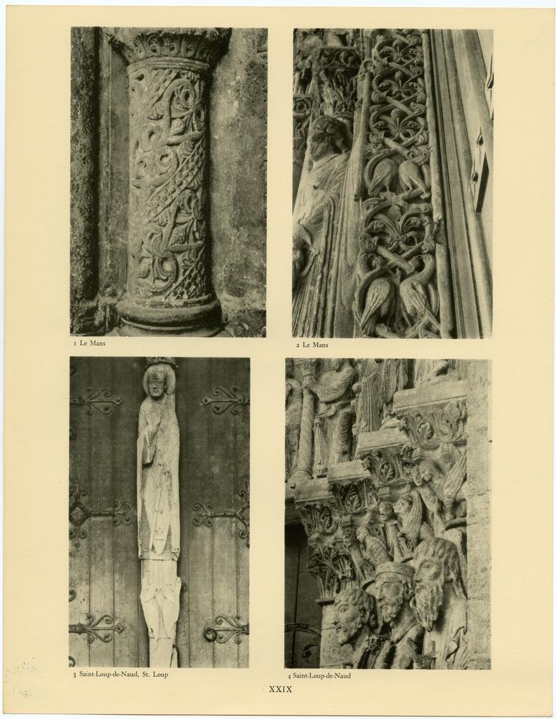 Anonimo , Ornament and details: L.1 details, Le Mans; trumeau of Saint-Loup-de-Naud; detail of heads and capitals of Saint-Loup-de-Naud