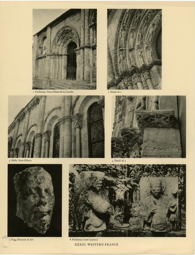 Anonimo , Western France: Three, Notre-Dame-de-la-Couldre at Parthenay; Saint-Hilaire at Melle; head fron Parthenay in Fogg Museum; figures from Parthenay now in the Louvre