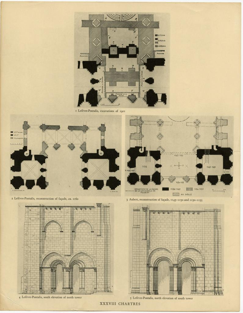 Anonimo , Plans and elevations of Chartres: Excavation of 1901 (Lefèvre-Pontalis); plan of the façade around 1160 (Lefèvre-Pontalis); plan of Chartres around 1145 and 1150-60(Aubert); south elevation of north tower (Lefèvre-Pontalis); north elevation of south tower (Lefèvre-Pontalis)