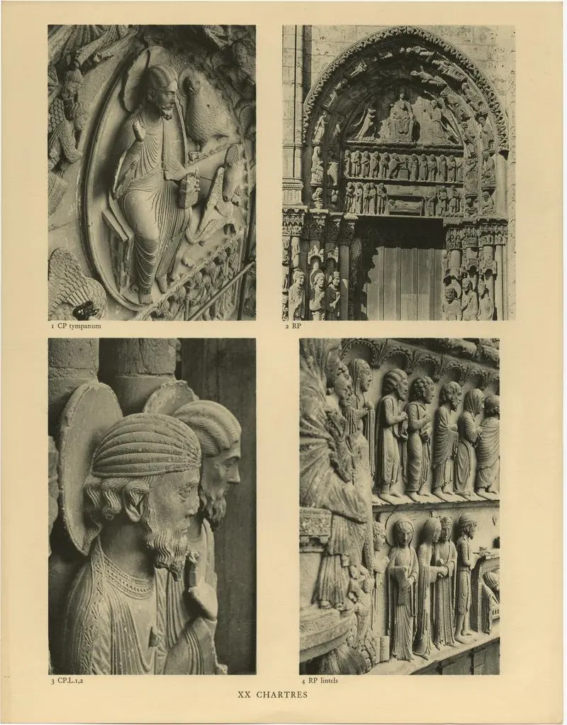 Anonimo , Chartres: CP tympanum; RP tympanum and lintels (Archives Photographiques); CP.L head; RP lintels (detail)