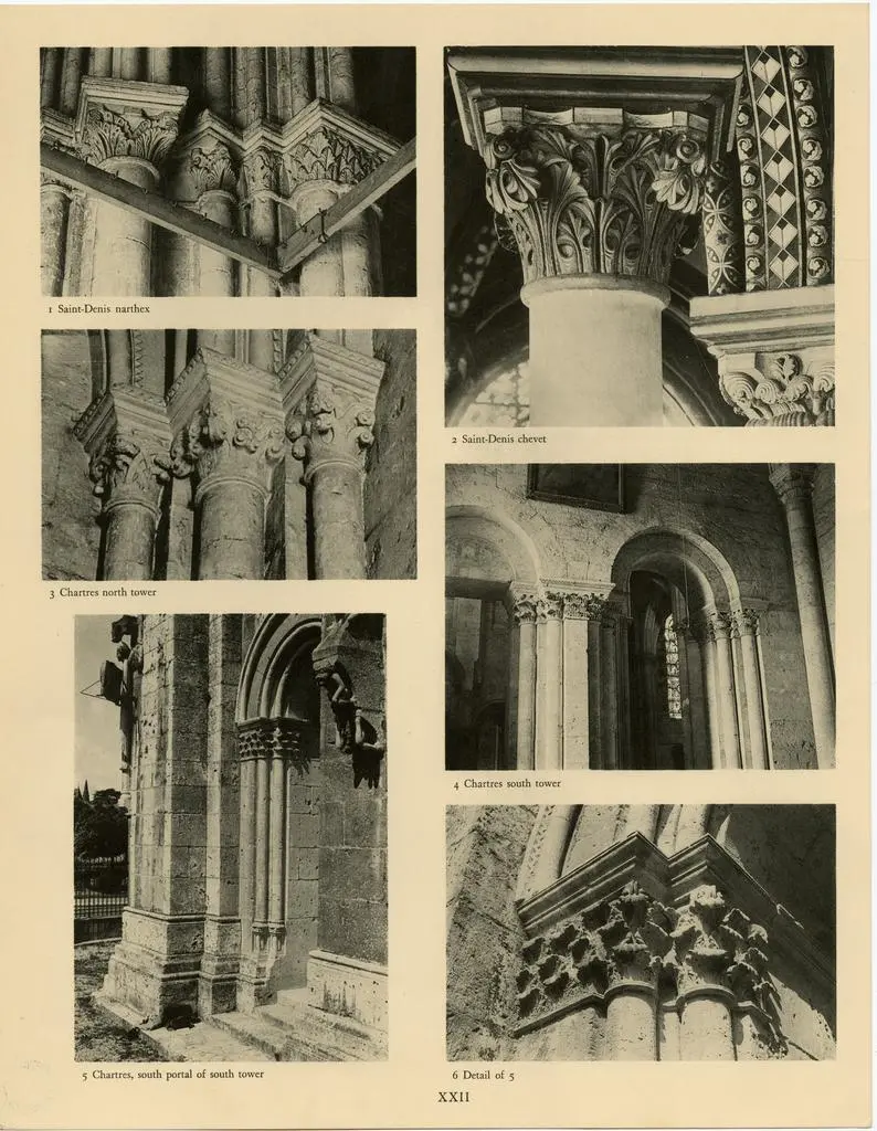 Anonimo , Chartres and Saint-Denis capitals: Saint-Denis narthex; Saint-Denis chevet (Marburg); north tower of Chartres; south tower of Chartres; south portal of south tower and detail
