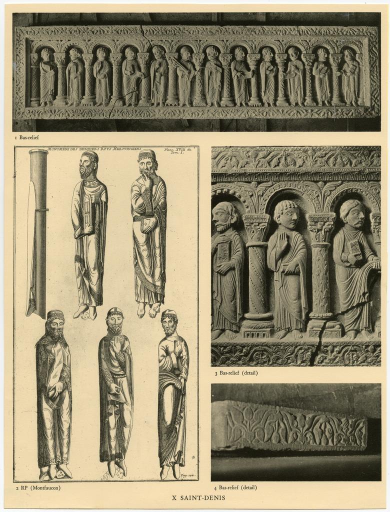 Anonimo , Saint-Denis: Bas-relief: entire relief (Crosby); engraving for Montfaucon of Saint-Denis right portal; two details (Crosby)