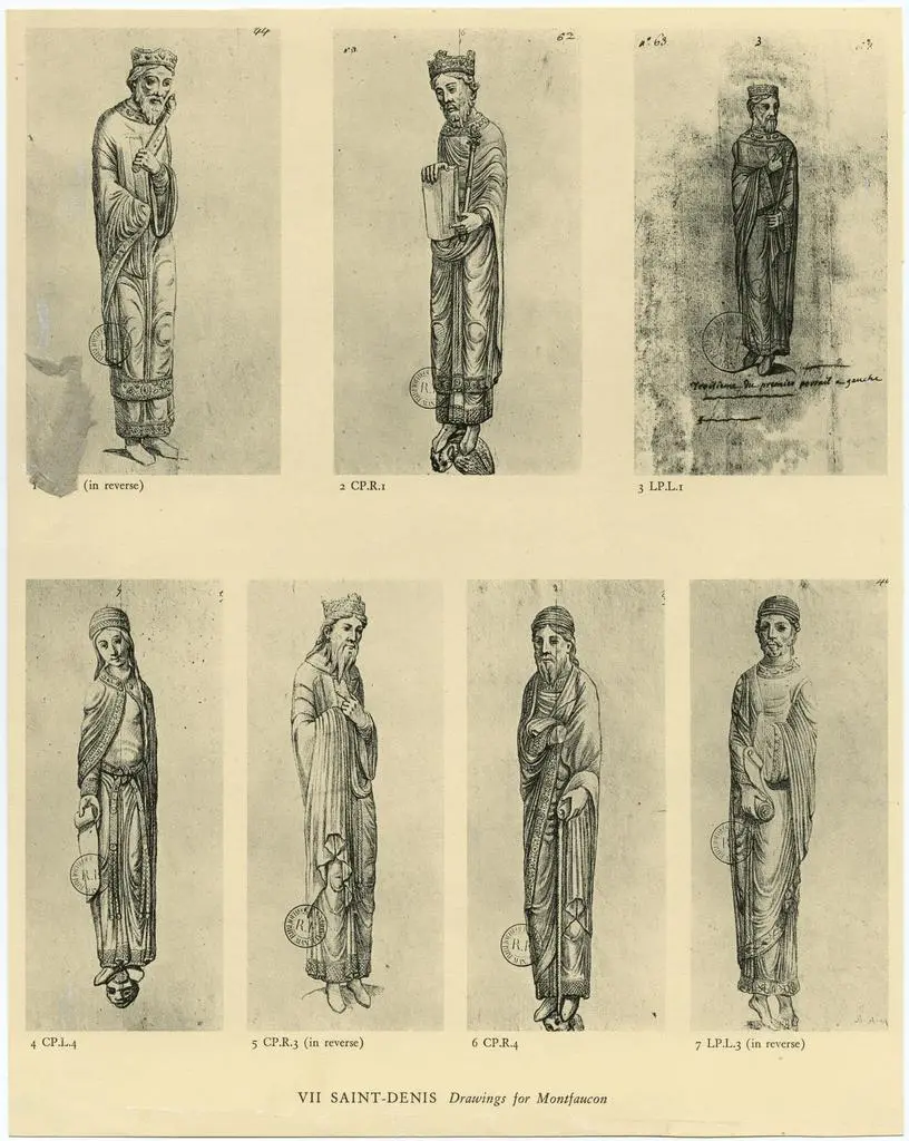 Anonimo , Saint-Denis: Seven drawings of Saint-Denis jamb statues made for Montfaucon. (A. K. Porter)