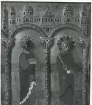 Anonimo , 6 Spain, 12th century: Altar frontal [detail], copper-gilt and champlev&eacute; enamel, 27 inches high. Episcopal Museum, Burgos