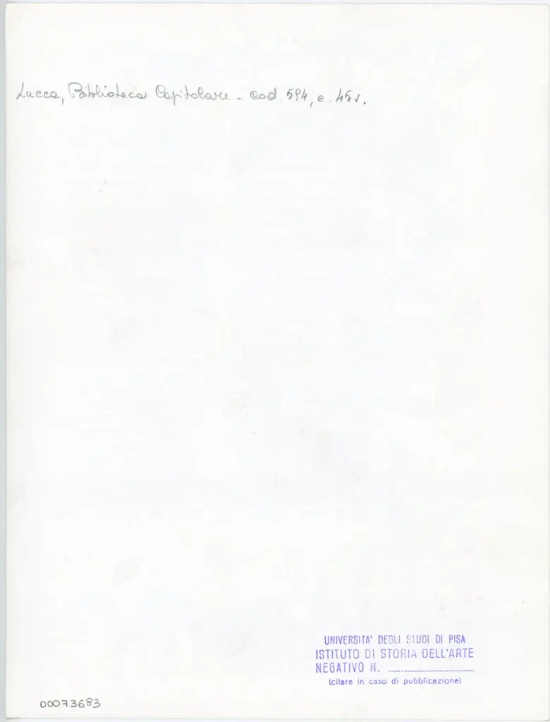 Universit&agrave; di Pisa. Dipartimento di Storia delle Arti , Anonimo italiano - sec. XV, prima met&agrave; - Lucca, Biblioteca Capitolare Feliniana, Ms. 594, f. 45v, intero , retro